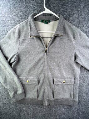Lauren Ralph Lauren Women's Large Gray Knit Full Zip Jacket Sweater Pockets